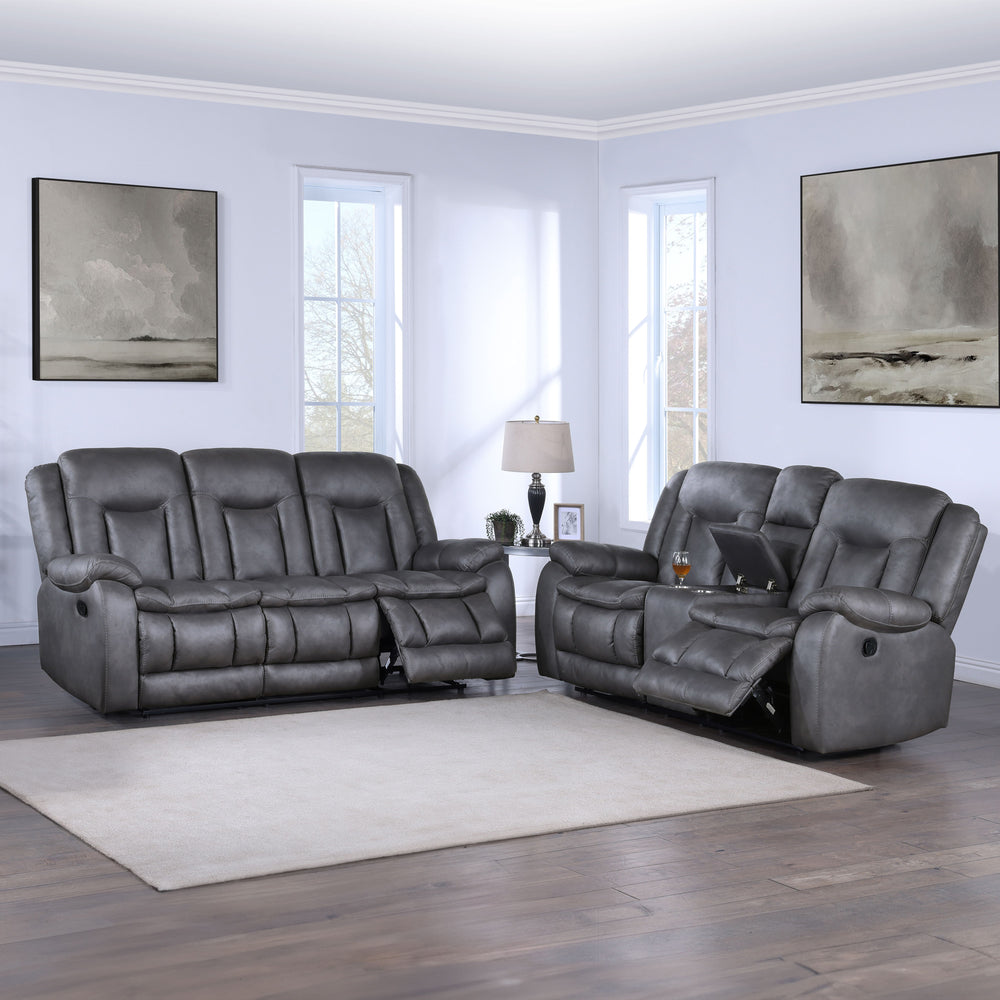 The Morello 2 Piece Reclining Sofa and Console Loveseat in gray is a perfect blend of comfort and style, ideal for any living room. This set includes a plush couch and a convenient console loveseat, both upholstered in 100% polyester fabric that mimics th