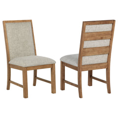 Encourage an approachable ambiance in your kitchen or dining room with this set of two modern side chairs. Each features a refined look with tailored character. Framed backs feature an interior padded, upholstered surface, with the outer back adds a wood 