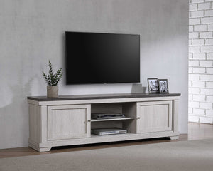  weathered wood finish and contrasting dark tabletop provide a striking balance of warmth and elegance. Sliding doors pro