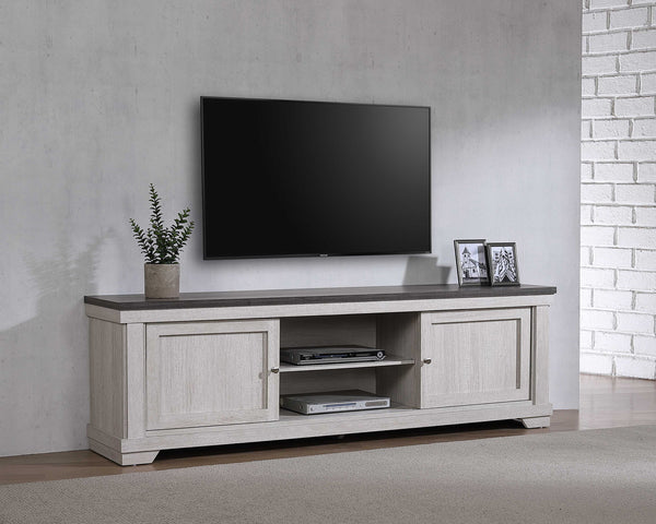  weathered wood finish and contrasting dark tabletop provide a striking balance of warmth and elegance. Sliding doors pro