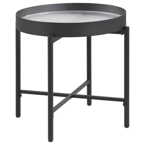 This elegant accent table invites modern style into your living room. With a sleek metal frame in a sandy black powder coated finish and a tempered reeded glass top, it effortlessly transforms into an occasional table or utility table. Whether placed besi