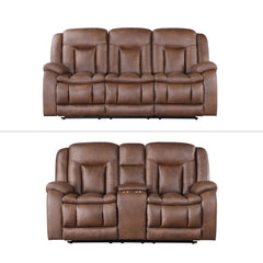 The Morello 2 Piece Reclining Sofa and Console Loveseat in Brown is a perfect blend of comfort and style, ideal for any living room. This set includes a plush couch and a convenient console loveseat, both upholstered in 100% polyester fabric that mimics t