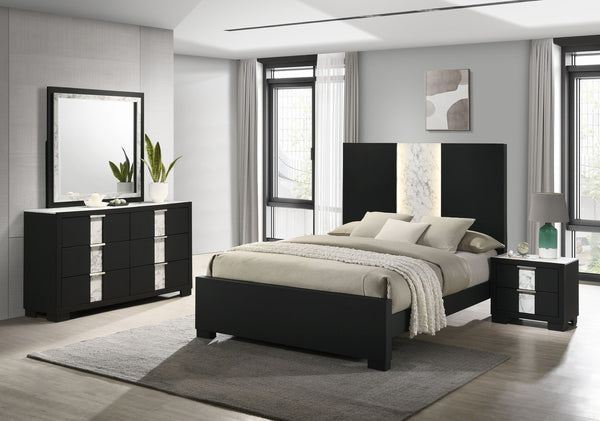 This bedroom set epitomizes modern luxury with its bold, black finish and striking contrast detailing. The bedâ€™s commanding headboard features a chic marble-like accent and integrated lighting, creating an opulent focal point in the room. Complementary 