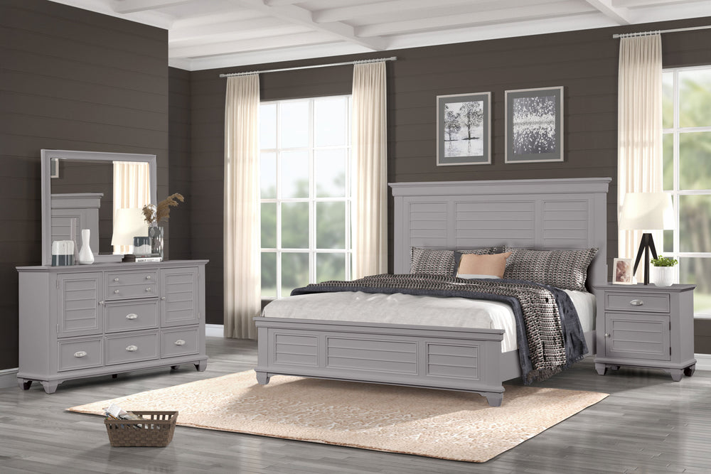 The Jamestown 4-Piece Wood Bedroom Set in Gray offers a perfect blend of durability, style, and functionality, designed to elevate your bedroom with modern elegance. This set includes a Panel Bed, Dresser, Mirror, and Nightstand, all meticulously crafted 
