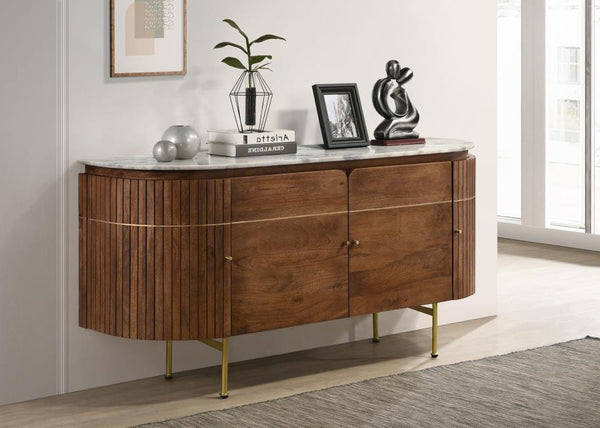  this contemporary server is a chic blend of mid-century and more updated design ideals. Ample interior storage is showcased behind four doors that create an oval silhouette