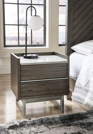  while the streamlined silhouette features overlay slats to create visual interest. A metal base and bar pu