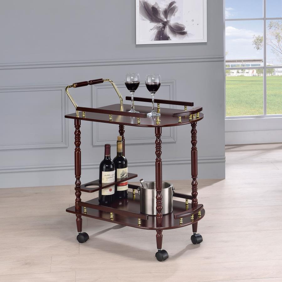 This classy serving cart will look at home in either your formal dining room or rec room. It features a handle pushing and top roomy top shelf for a cheese plate and two snifters of cognac. Bottom shelf includes a bottle holder for three bottles of your f