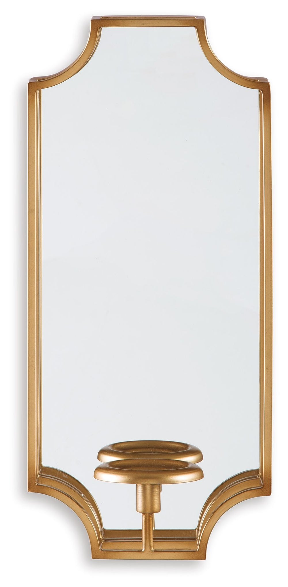 Take a shine to a more glamorous way of life with this exquisite wall sconce. Watch its mirrored surface and luminous goldtone metal truly come to life through the beauty of candlelight.<br><br><b>Additional Dimensions</b><br><ul><li>Inner mirror: 0-"</li