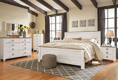 Two-tone finish in white wash replicated worn through paint with authentic touch and a replicated wood grained block pattern with authentic touch. Large scaled shapely bedroom collection features bun feet. Ring pull hardware in an antique brass color, acc