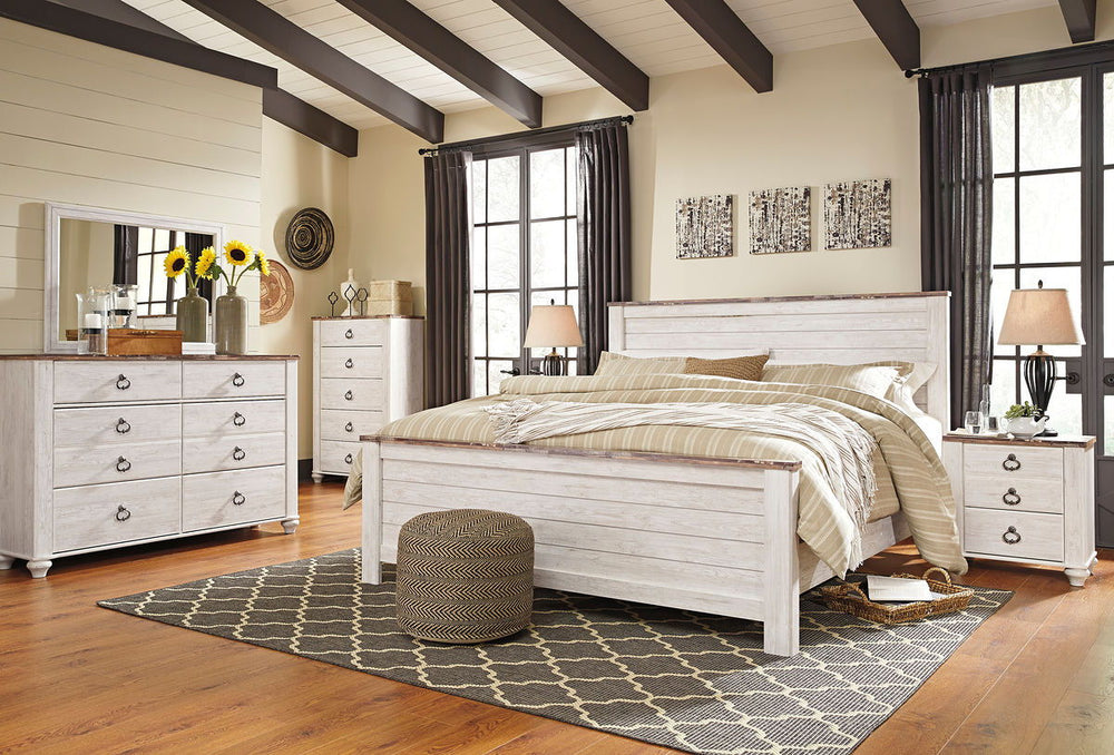 Willowton - 6 Pc. - Dresser, Mirror, Chest, King Panel Bed - Whitewash