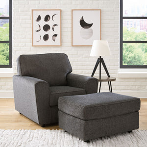Revamp your sleekly styled living room sanctuary with this chair and ottoman. Well-suited to contemporary spaces with a calming neutral upholstery in slate gray, it makes a subtle design statement in your space whether youâ€™re hosting guests or enjoying 
