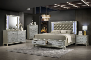 Experience luxury and functionality with the Radiance King 5-Piece Bedroom Set. Crafted with a blend of Solid Rubberwood and manufactured woods, this set offers unparalleled stability and durability. The semi-gloss lacquer Platinum Silver finish adds a mo
