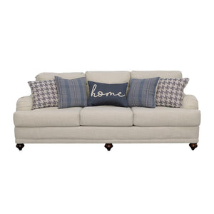  this sofa shines with a light grey linen-like upholstered cover. Th