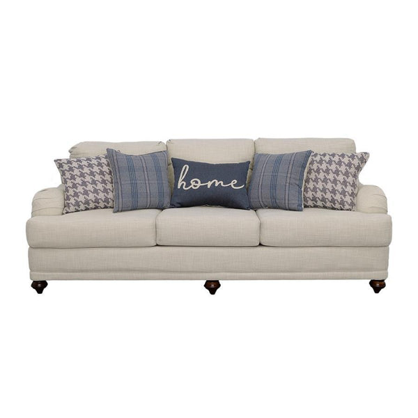  this sofa shines with a light grey linen-like upholstered cover. Th
