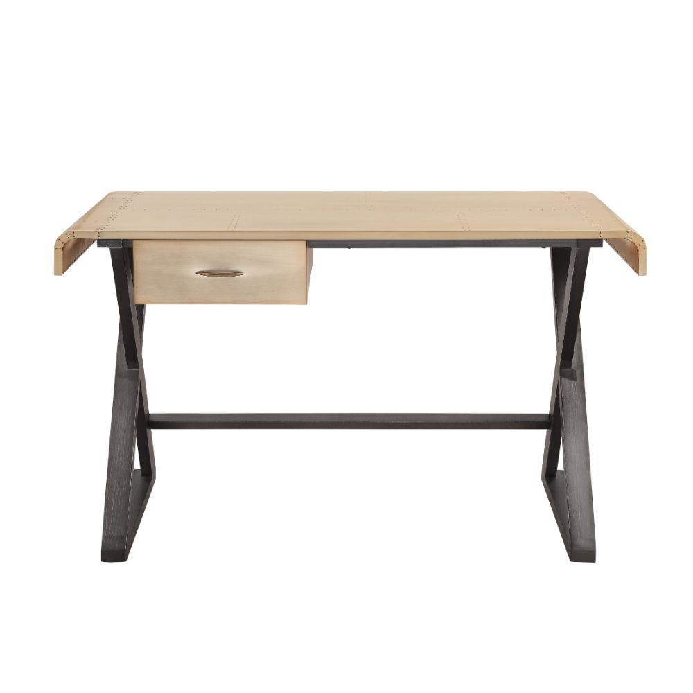 Add an industrial style and a pop of color to your decor with the Danton office desk. You-'ll love the sleek look, and durable longevity of this piece made with gold aluminum top supported by metal legs in a stylish X-frame. Featuring a pullout drawer to 