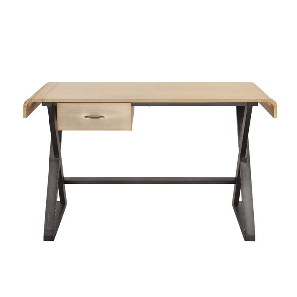 Add an industrial style and a pop of color to your decor with the Danton office desk. You-'ll love the sleek look, and durable longevity of this piece made with gold aluminum top supported by metal legs in a stylish X-frame. Featuring a pullout drawer to 