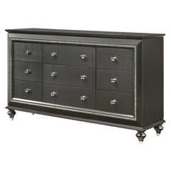 The Kaitlyn dresser provides a commanding presence in any room. Crafted with a transitional look that is an ideal addition to any bedroom, the dresser is accented with textured front and a crystal-like sparkling trim. Its crystal-like trimming creates daz