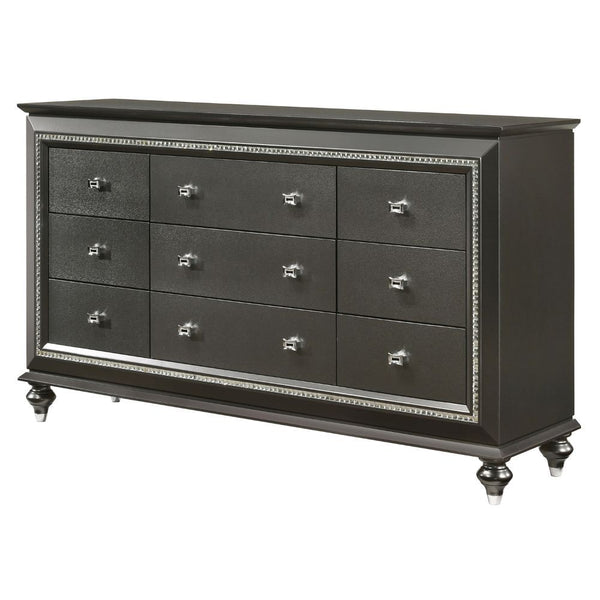 The Kaitlyn dresser provides a commanding presence in any room. Crafted with a transitional look that is an ideal addition to any bedroom, the dresser is accented with textured front and a crystal-like sparkling trim. Its crystal-like trimming creates daz