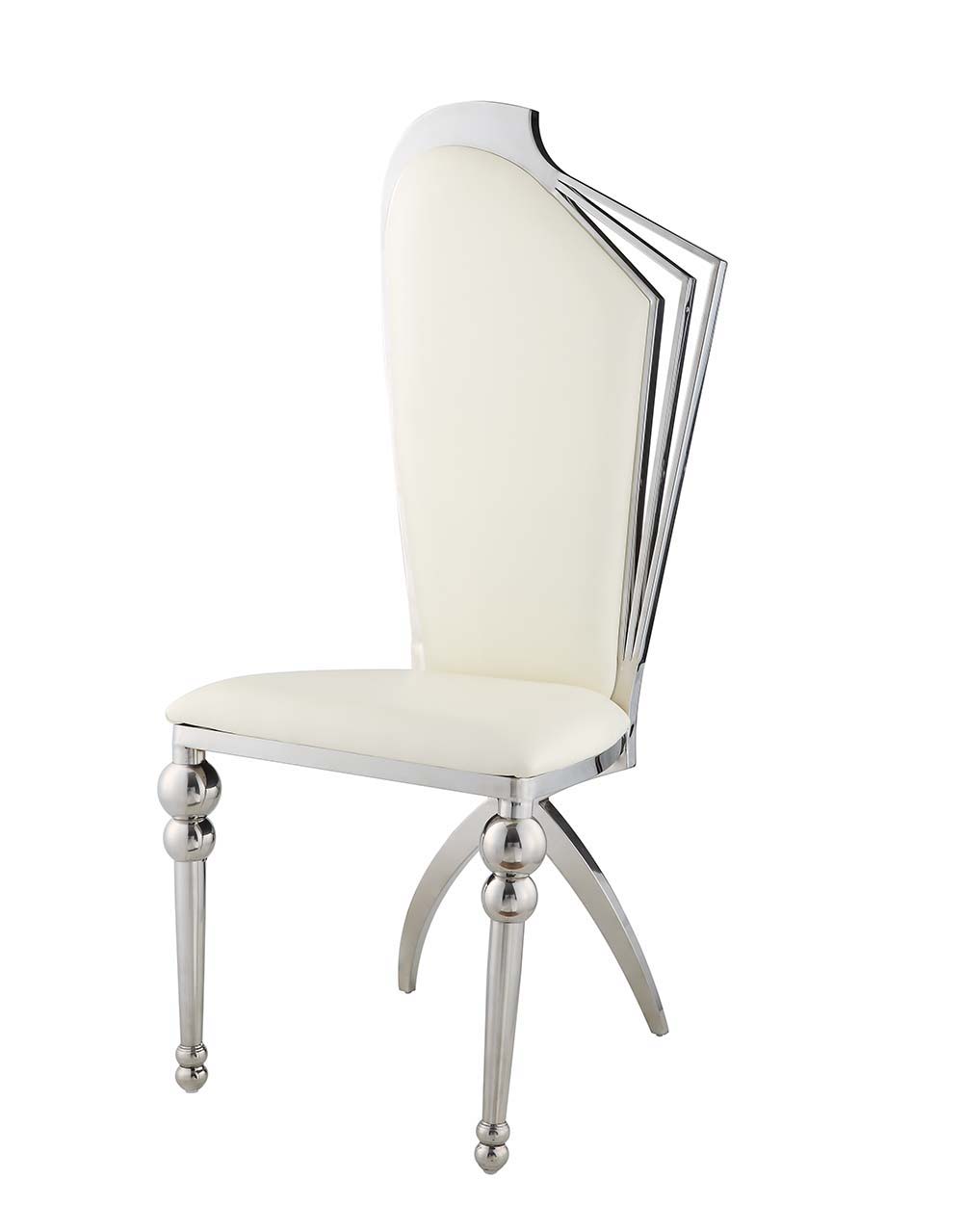 The Cyrene side chairs are padded with high-quality beige leatherette cushions, offering comfort while drawing attention to the elegant chrome finish metal frame. The architectural structure of the frame is eye-catching and glamorous. The foam seats are i