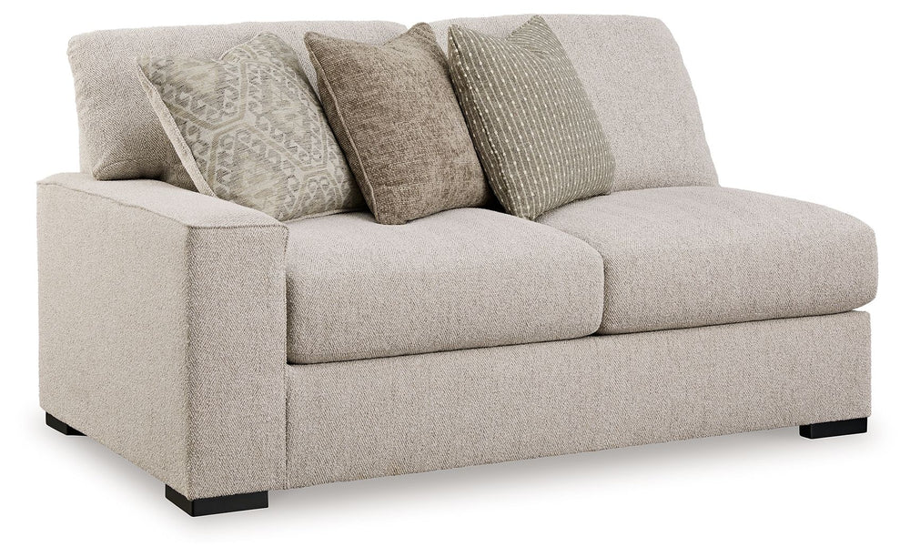 This left-arm facing loveseat is made with polyester upholstery. Pairs with other items in the series to make a sectional.<br><br><b>Additional Dimensions</b><br><ul><li>Arm height: 26-"</li><li>Seat depth: 27-"</li><li>Seat height: 25-"</li><li>Top of cu