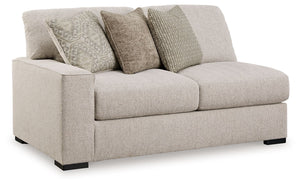 This left-arm facing loveseat is made with polyester upholstery. Pairs with other items in the series to make a sectional.<br><br><b>Additional Dimensions</b><br><ul><li>Arm height: 26-"</li><li>Seat depth: 27-"</li><li>Seat height: 25-"</li><li>Top of cu