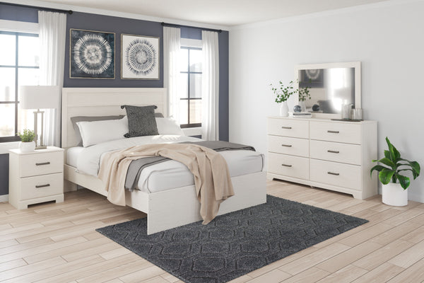 White finish with subtle replicated woodgrain. Large dark pewter color handles with an aged appearance accent cases. Side roller glides for smooth operating drawers. Mouldings across headboard give a thick planked look. Twin (53) and full (55) headboards 