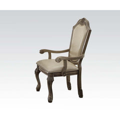 Arm Chair Stationary Seat: Standard Dining Height Padded Seat & Back: Faux Leather & Welt Trim Cushion Wood Queen Anne Leg Collection Chateau de Ville: Antique White, Cherry, Espresso