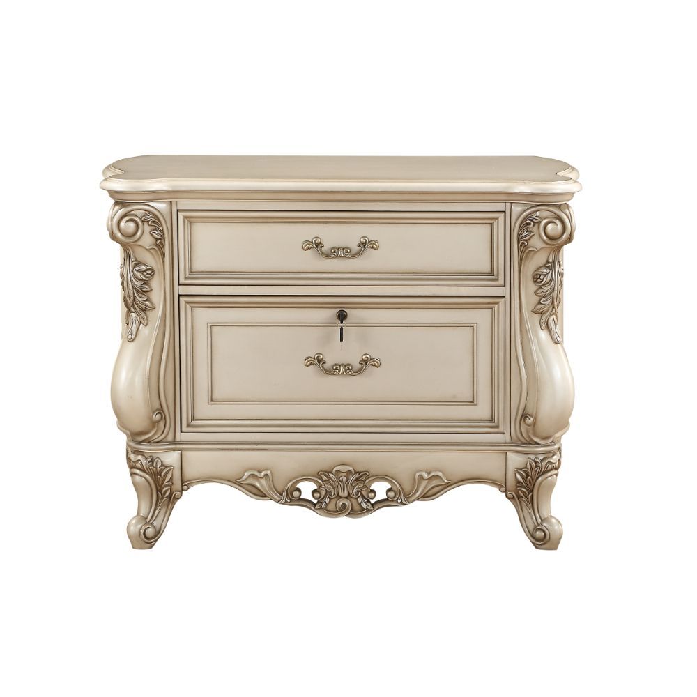 Executive File Cabinet â€¢ Storage: 2 Drawers (Lock Included) â€¢ Raised Scrolled-Floral Moldings with Antique Brush â€¢ Wooden Case Frame with Queen Anne Leg<br/><br/><b>Product Features</b><ul><li>Exclusive Design</li><li>Executive File Cabinet</li><li>