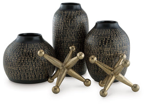 Elevate your decor with this striking accessory set. Its sleek black vases, adorned with delicate goldtone accents, are perfect for displaying your favorite faux blooms or standing alone as minimalist statements. They-'re paired with bold geometric sculpt