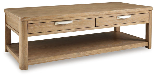 This coffee table-'s classic yet contemporary good looks are hard to deny. Softly shaped posts with a light oak finish and wire-brushed wood grain texture lend an organic appeal to your soothing space. Roomy drawers cater to additional storage needs while