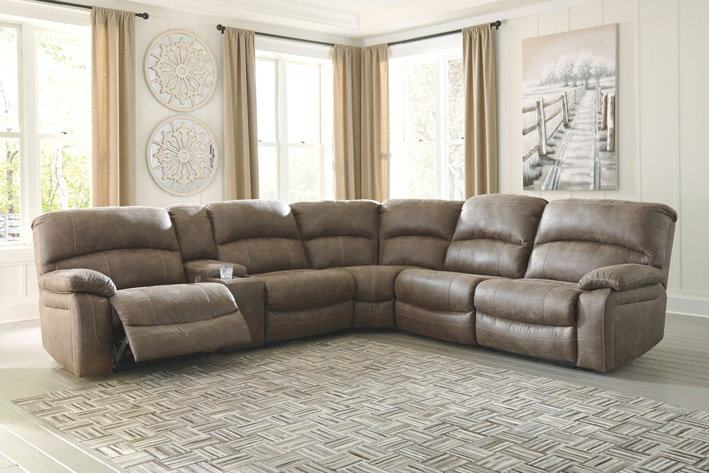 Sporting a driftwood brown faux leather with a gently distressed sense of charm, this sectional invites you to drift away in high style. Rest assured, the sectionalâ€™s leather alternative upholstery offers a warm, cozy feel, while clean-lined styling and