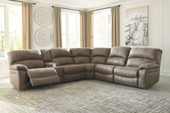 Sporting a driftwood brown faux leather with a gently distressed sense of charm, this sectional invites you to drift away in high style. Rest assured, the sectionalâ€™s leather alternative upholstery offers a warm, cozy feel, while clean-lined styling and