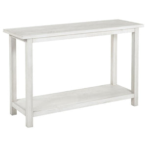 Crafted to complement both entryways and living rooms, this console table showcases a rustic aesthetic and versatile appeal. Fashioned from pine wood and reinforced with engineered wood, its open lower shelf provides ample space for baskets or decorative 