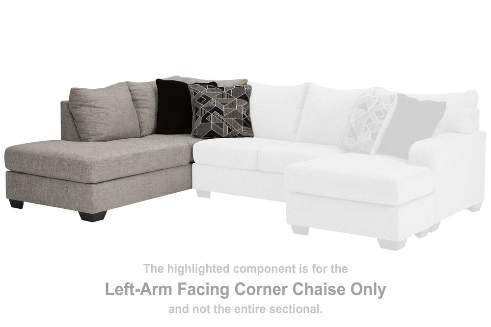 This left-arm facing corner chaise is made with polyester upholstery. Pairs with other items in the series to make a sectional.<br><br><b>Additional Dimensions</b><br><ul><li>Arm height: 33-"</li><li>Leg height: 3-"</li><li>Minimum width of doorway for de