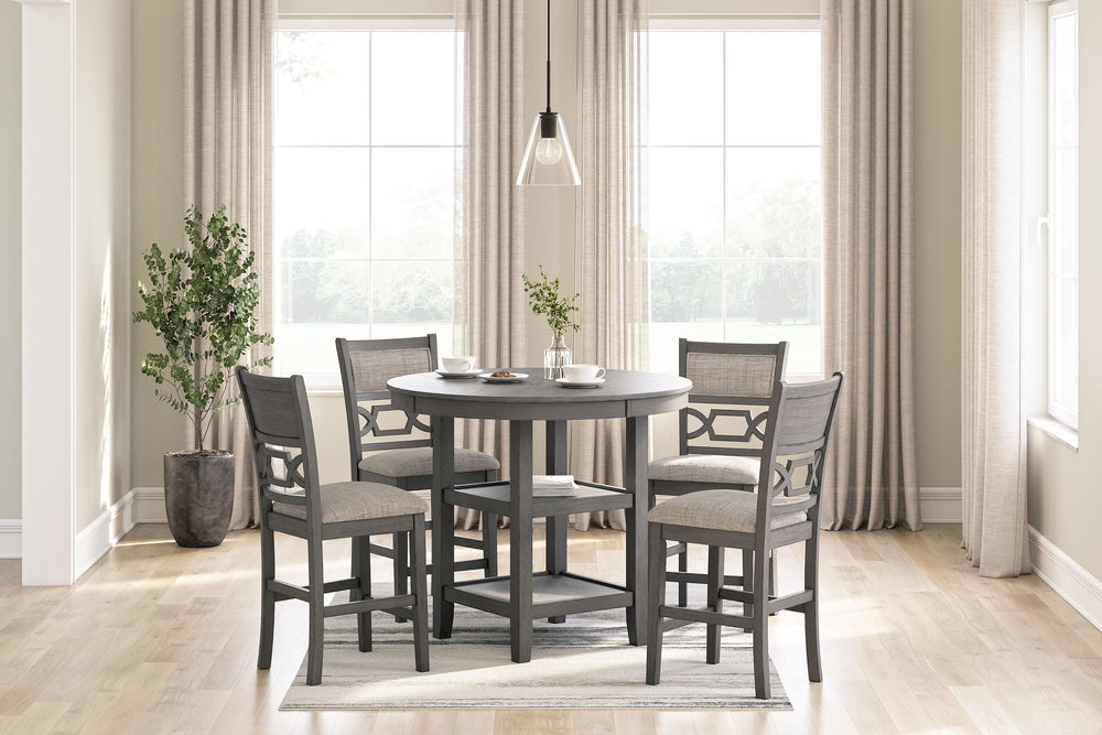 Canâ€™t decide between classic and contemporary? Embrace the beauty of transitional style with this casually sophisticated counter height dining table and bar stools. A clean-lined profile and modern light gray finish merge with textured upholstery to cre