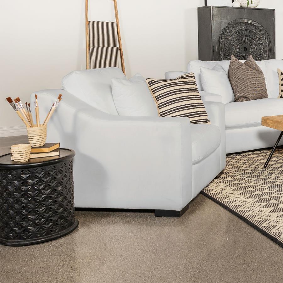 Create your favorite cozy reading nook with this transitional lounge chair, upholstered in a white trillium polyester blend fabric across elegant sloped track armrests and a tailored top-stitched reversible box seat and back cushion. A solid wood frame be
