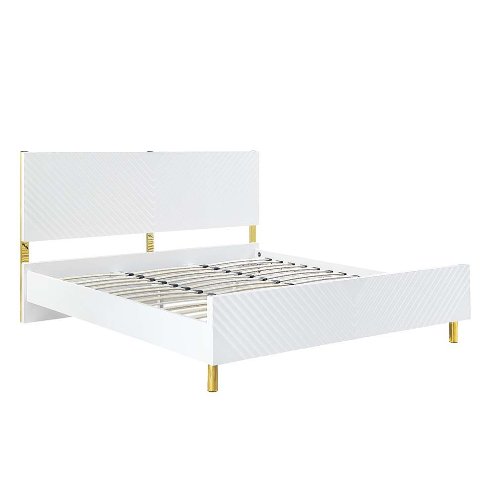 The Gaines Collection is a glamorous and sophisticated grouping that adds a chic style to any room. The white gloss finish and gold metal accents help to accentuate the clean lines of the pieces and add a pop of glamour. The diagonal line design adds visu