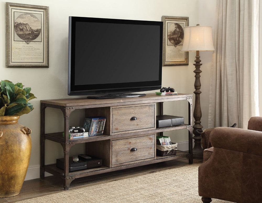 The Gorden TV stand versatility and style will blend masterfully in your living room area. The storage feature offers plenty of space to keep your entertainment components. Carefully constructed from selected wood and veneers in Weathered Oak Finish, and 