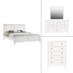 The Tamarack 4 Piece Bedroom Set in white, featuring a Panel Bed, Dresser, Mirror, and Chest, is a striking blend of durability and elegance. Crafted with a combination of solid poplar, basswood veneers, and eco-friendly manufactured wood, this set promis