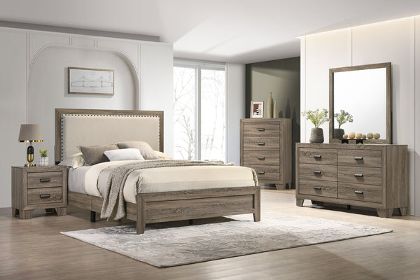 This bedroom set offers a minimalist design with a nod to rustic aesthetics, perfect for creating a serene and uncluttered space. The straightforward lines of the bed frame, combined with the upholstered headboard cushion, exude a sense of calm and comfor