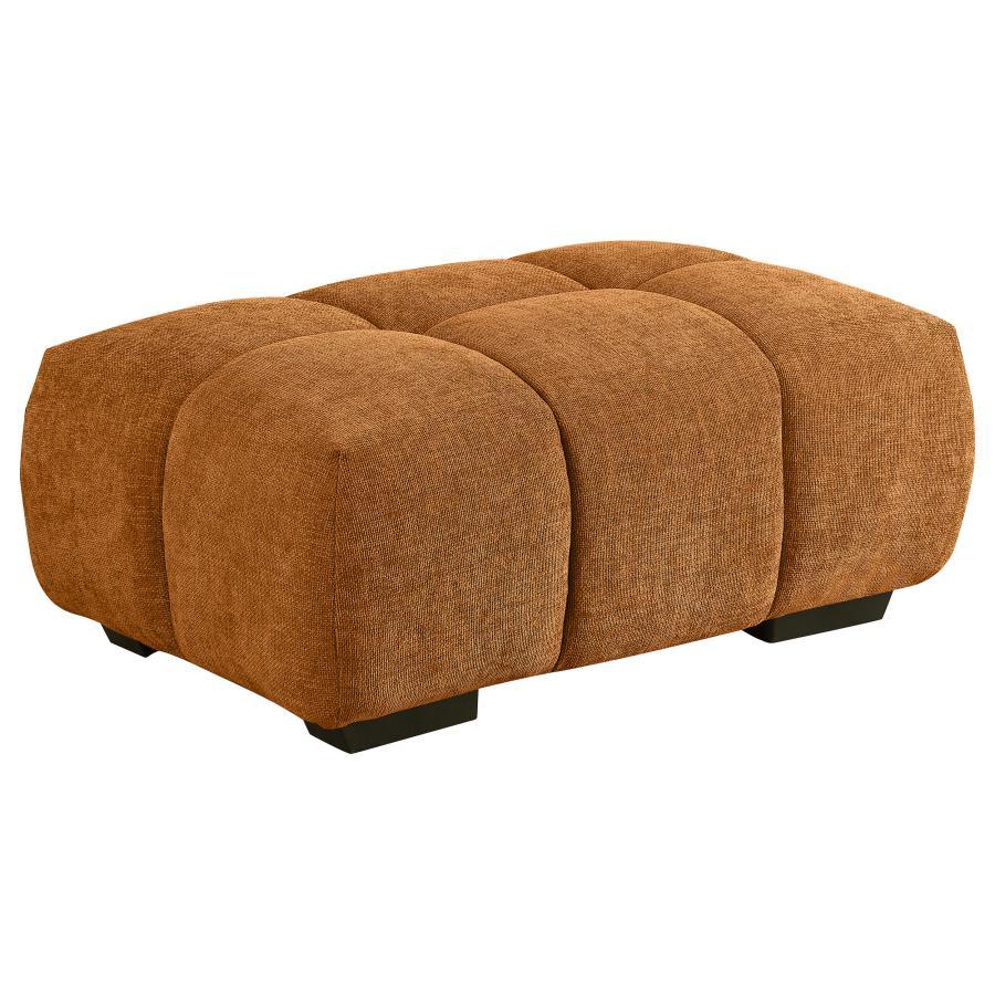 Soften the look of your living room seating area with a modern ottoman. It-'s a soft, inviting accent piece, offering a great footrest for lounging. Soft upholstery in a warm hue complements surrounding decor while offering inviting contrast and depth. Th
