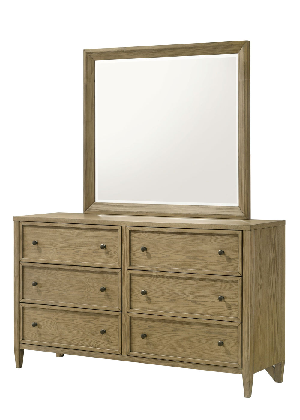 This bedroom set is a harmonious blend of rustic charm and modern simplicity, ideal for creating an inviting and warm atmosphere. The set features a stunning canopy bed as its centerpiece, which boasts a clean-lined frame and a natural wood finish that ex