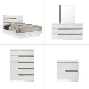 The Paradox 5 Piece Platform Bedroom Set is a marvel of contemporary design and elegance. With its gleaming white gloss laminate finish, this set not only boasts a sleek and modern look but also provides unparalleled scratch and water resistance. Expertly