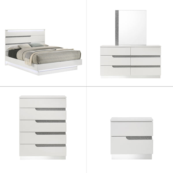 The Paradox 5 Piece Platform Bedroom Set is a marvel of contemporary design and elegance. With its gleaming white gloss laminate finish, this set not only boasts a sleek and modern look but also provides unparalleled scratch and water resistance. Expertly