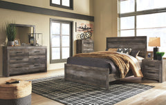 Rustic gray planked replicated oak grain with authentic touch. Large scaled dark colored hooded pull. Sticks across headboard give a thick planked look. Side roller glides for smooth operating drawers. Cases feature a framed front and pilasters. Large dra