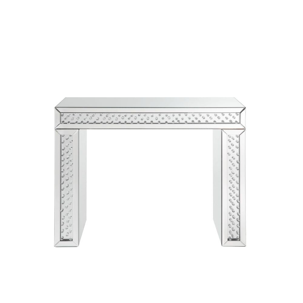 Assambled, Rectangular Vanity Desk Beveled Mirrored Finish, Clear Glass with Faux Crystal Inlay (Back Unfinished) Orientation: Free Standing NO Storage (Open Base) CONSTRUCTION Top & Apron: Mirror, MDF (Fixed Top) Mirrored Sled Base: Beveled Mirror, 4mm C