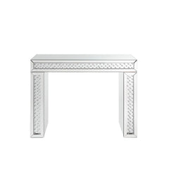 Assambled, Rectangular Vanity Desk Beveled Mirrored Finish, Clear Glass with Faux Crystal Inlay (Back Unfinished) Orientation: Free Standing NO Storage (Open Base) CONSTRUCTION Top & Apron: Mirror, MDF (Fixed Top) Mirrored Sled Base: Beveled Mirror, 4mm C
