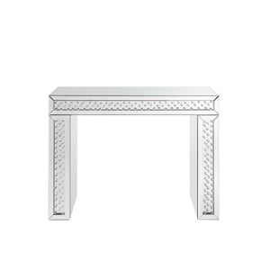Assambled, Rectangular Vanity Desk Beveled Mirrored Finish, Clear Glass with Faux Crystal Inlay (Back Unfinished) Orientation: Free Standing NO Storage (Open Base) CONSTRUCTION Top & Apron: Mirror, MDF (Fixed Top) Mirrored Sled Base: Beveled Mirror, 4mm C