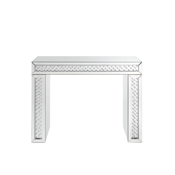 Assambled, Rectangular Vanity Desk Beveled Mirrored Finish, Clear Glass with Faux Crystal Inlay (Back Unfinished) Orientation: Free Standing NO Storage (Open Base) CONSTRUCTION Top & Apron: Mirror, MDF (Fixed Top) Mirrored Sled Base: Beveled Mirror, 4mm C