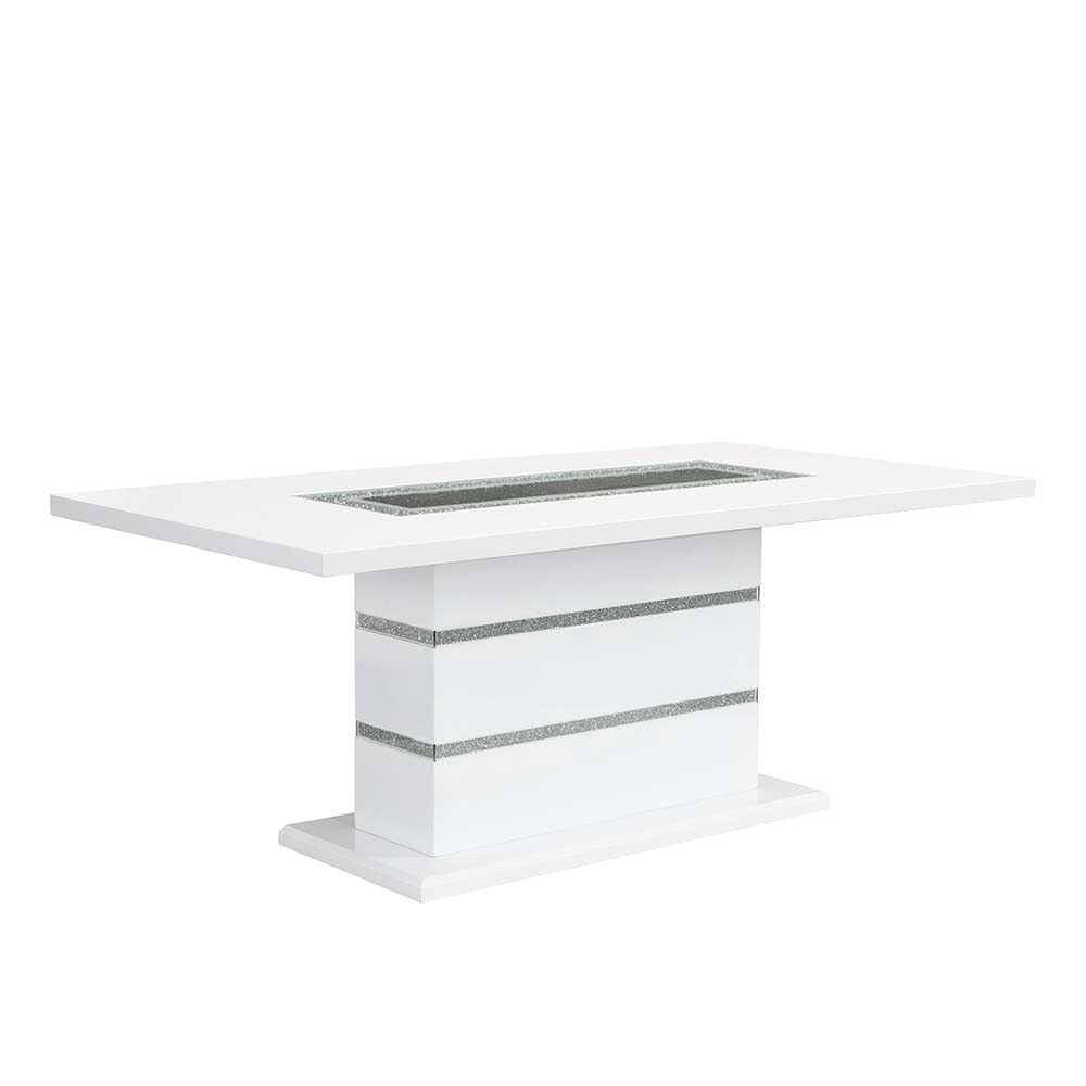 Marvelous and glamorous, the Elizaveta dining table is one to leave guests speechless. Featuring horizontal stripes of embedded faux crystals on the base that glimmer from every angle. The beautiful tabletop is just as impressive, with the same faux diamo